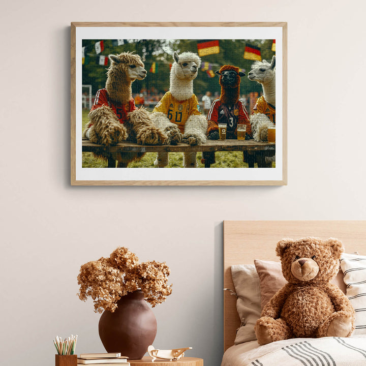Framed artwork of alpacas in colorful jerseys watching a game, perfect for animal lovers and home decor.