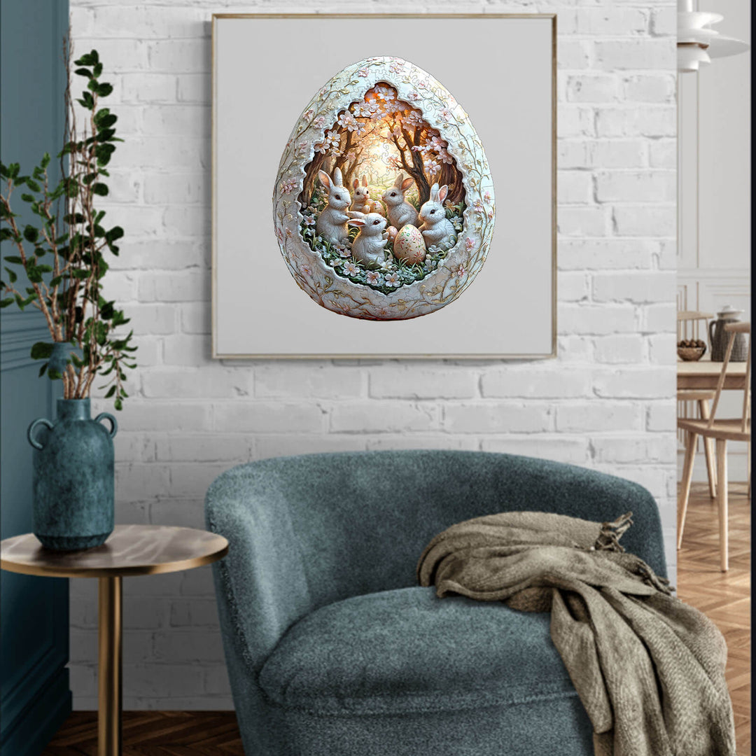 3D Eggshell world Easter-2 wooden jigsaw puzzle featuring bunnies, perfect for mind games and enhancing focus.