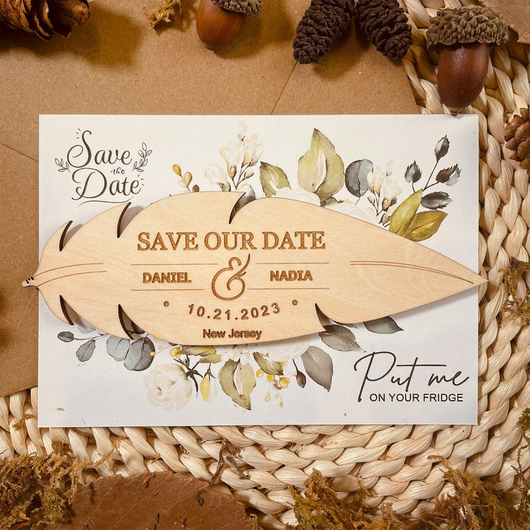 Wedding Invitation Set Rustic Wooden Save the Date Magnet 6x2'' with Kraft Envelope-Woodbests