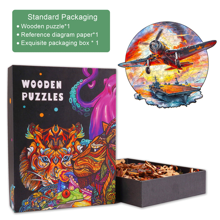Fighter Plane Wooden Jigsaw Puzzle packaging and pieces, designed for puzzle enthusiasts and mind games.