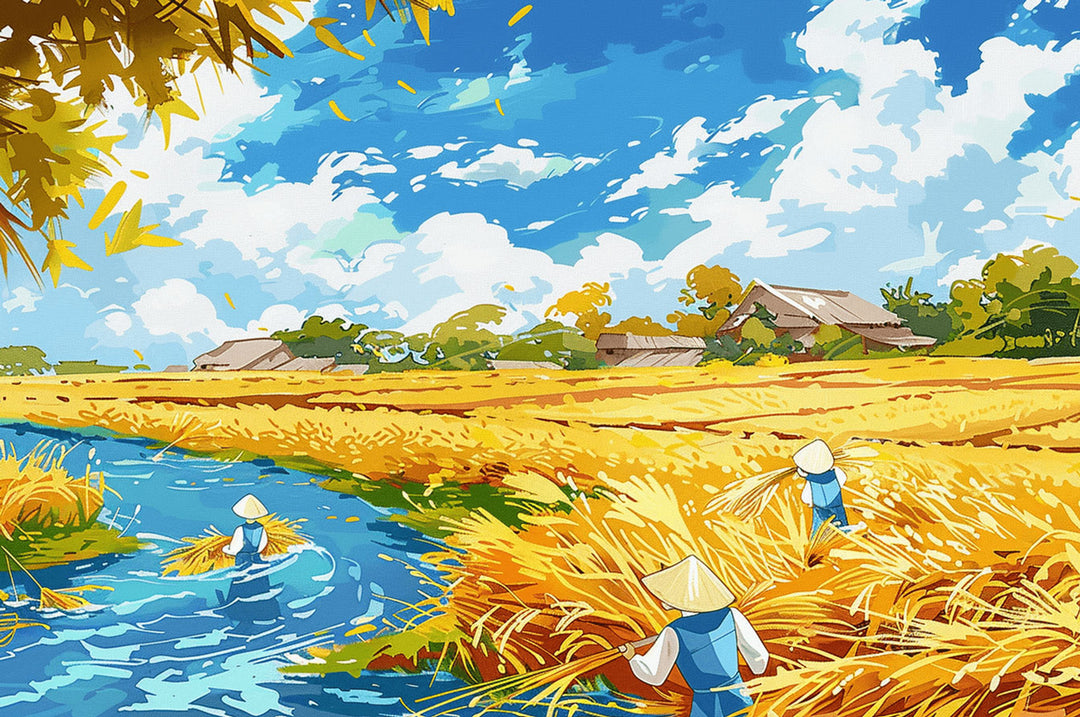 Pastoral Autumn 500/1000 piece puzzle featuring vibrant rice fields and workers harvesting in a scenic landscape.