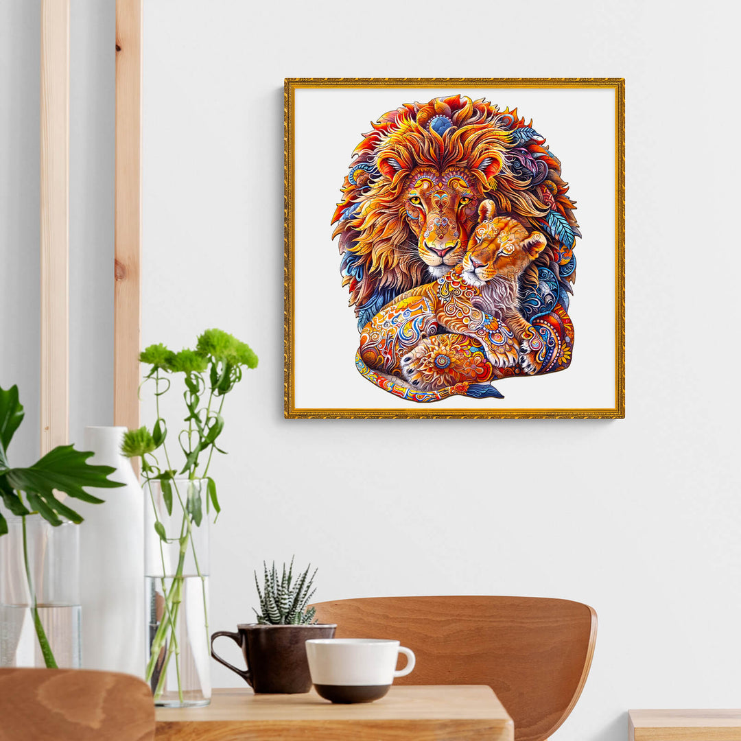 Colorful framed art of a lion and lioness hugging, adding warmth to a cozy living space.