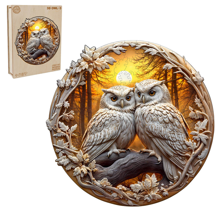 3D Owl-3 wooden jigsaw puzzle featuring two owls surrounded by nature, enhancing focus and mind skills through puzzle solving.