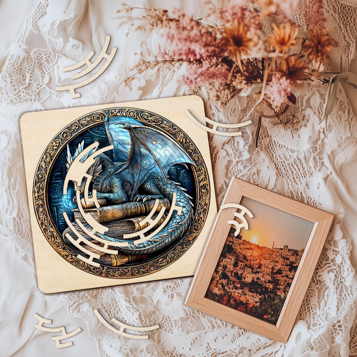 Maze Puzzles—Ancient protector on a lace background, featuring intricate dragon design and puzzle pieces for mental focus.