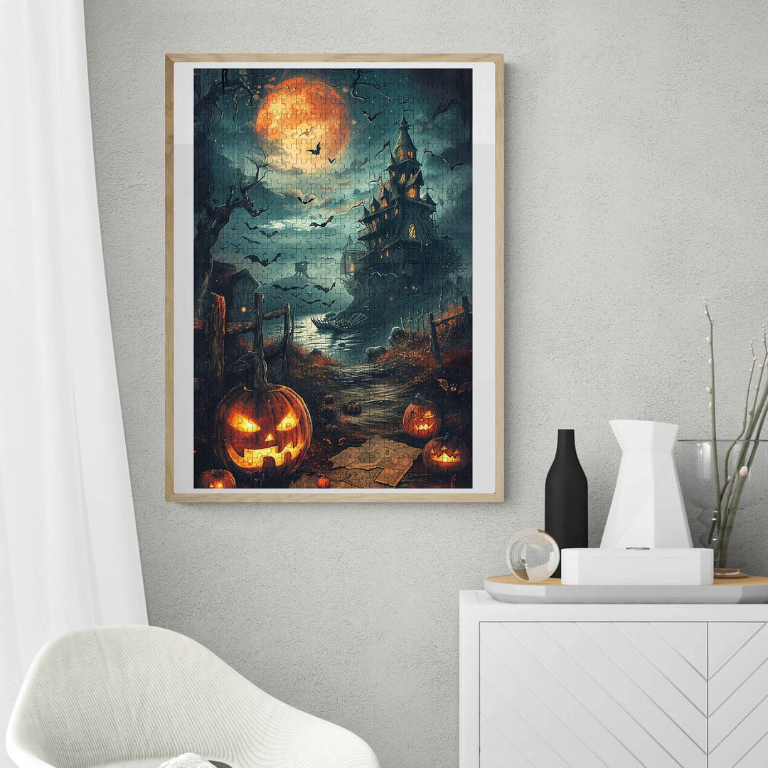 Halloween Treasure Hunt puzzle artwork featuring pumpkins, bats, and a haunted house in a spooky landscape.