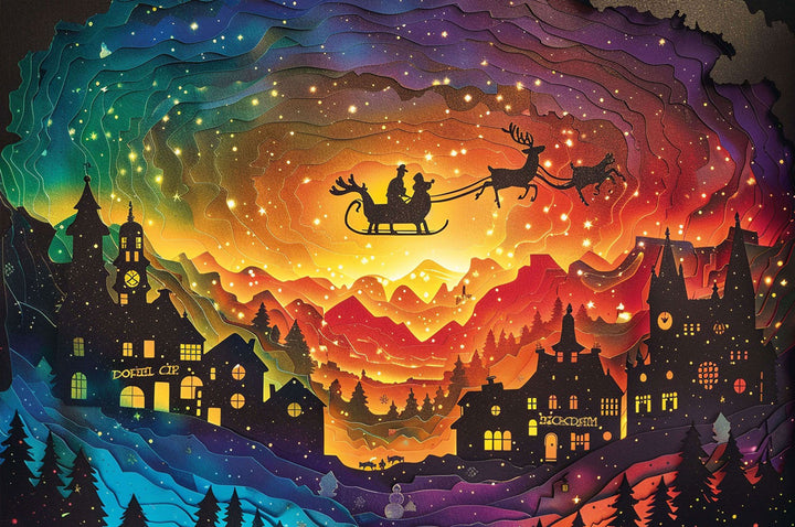 Colorful Christmas Eve puzzle featuring Santa's sleigh flying over a festive town, perfect for jigsaw puzzle lovers.