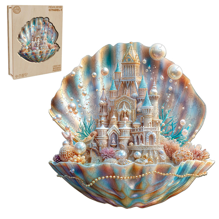 Pearlspire Citadel-1 wooden jigsaw puzzle in a shell design, promoting focus and problem-solving skills for puzzle enthusiasts.