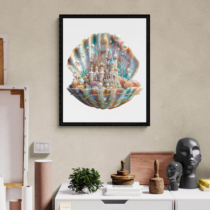 Pearlspire Citadel-1 wooden jigsaw puzzle artwork featuring a whimsical castle in a shell design, enhancing focus and creativity.