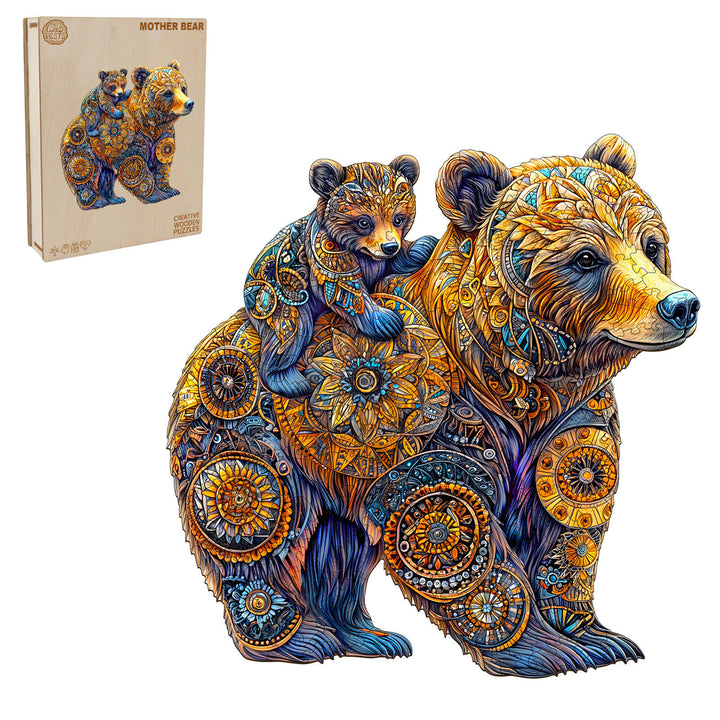 Mother Bear wooden jigsaw puzzle featuring a colorful bear and cub design, perfect for boosting focus and intelligence.