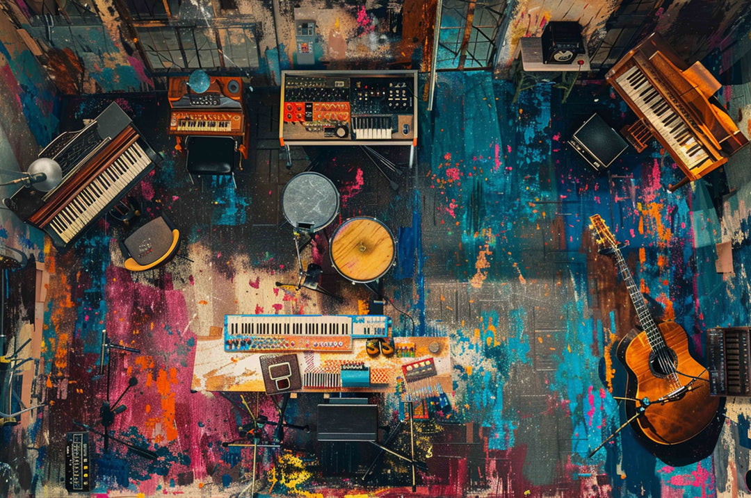 A colorful musical instrument room featuring keyboards, guitars, and drums, ideal for puzzle enthusiasts and music lovers.