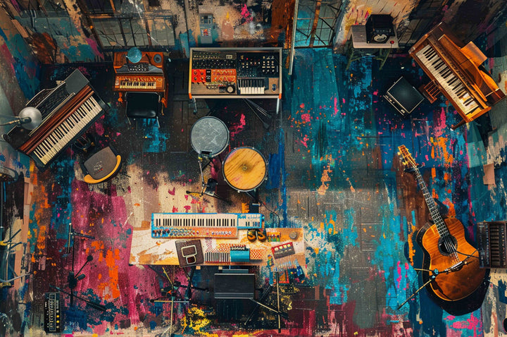A colorful musical instrument room featuring keyboards, guitars, and drums, ideal for puzzle enthusiasts and music lovers.