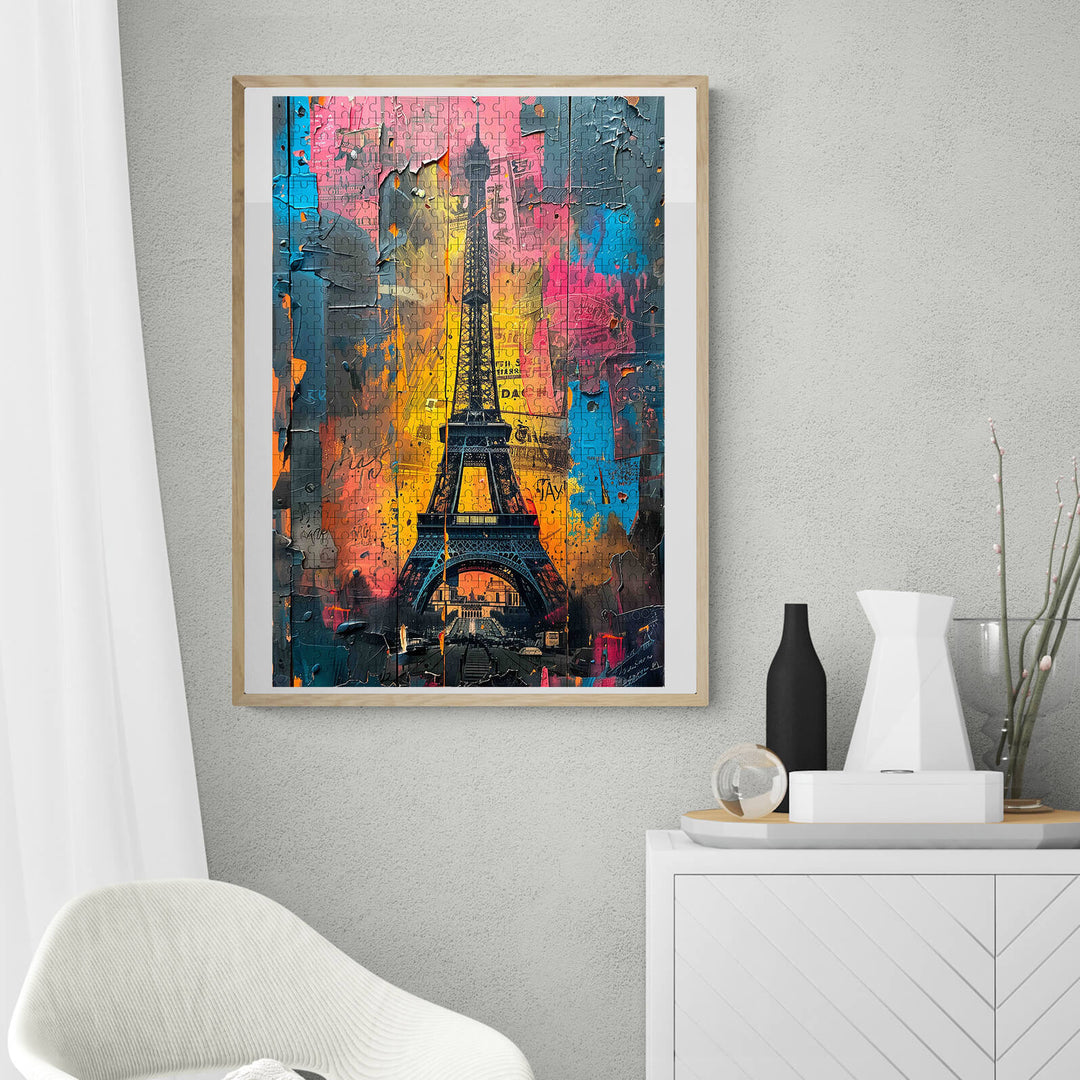 Colorful abstract art of the Eiffel Tower, showcasing vibrant hues in a modern home decor setting.