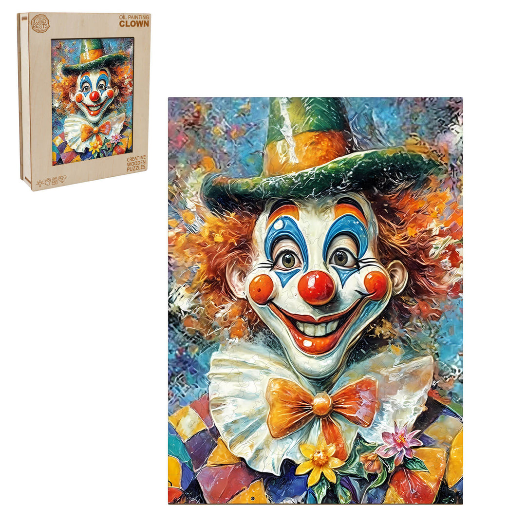 Colorful oil painting clown jigsaw puzzle designed to enhance focus and cognitive skills during puzzle solving.