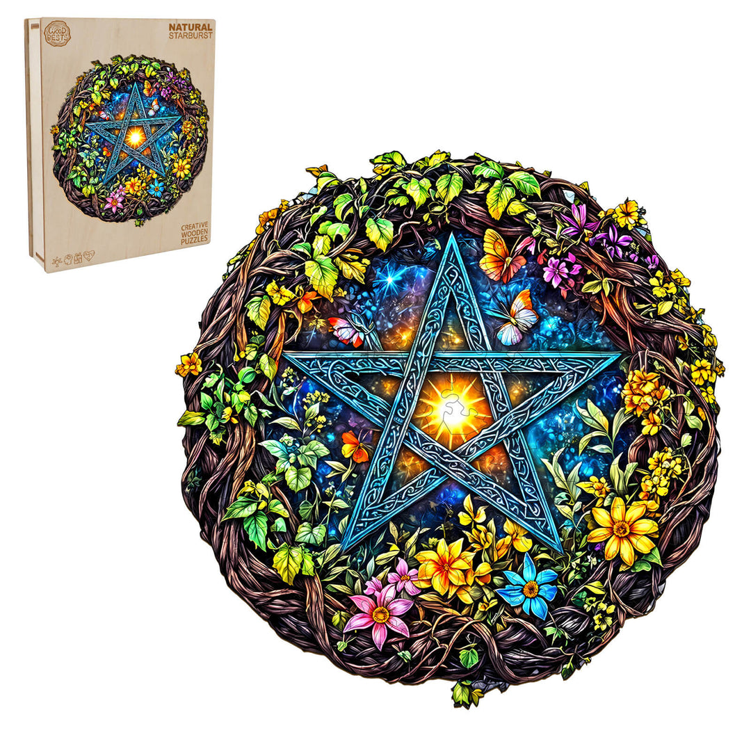 Natural Starburst Wooden Jigsaw Puzzle featuring a colorful star within a floral design for focused mind games.