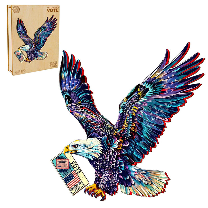 Colorful Bald Eagle jigsaw puzzle with a vote card, promoting focus and intelligence through puzzle solving.