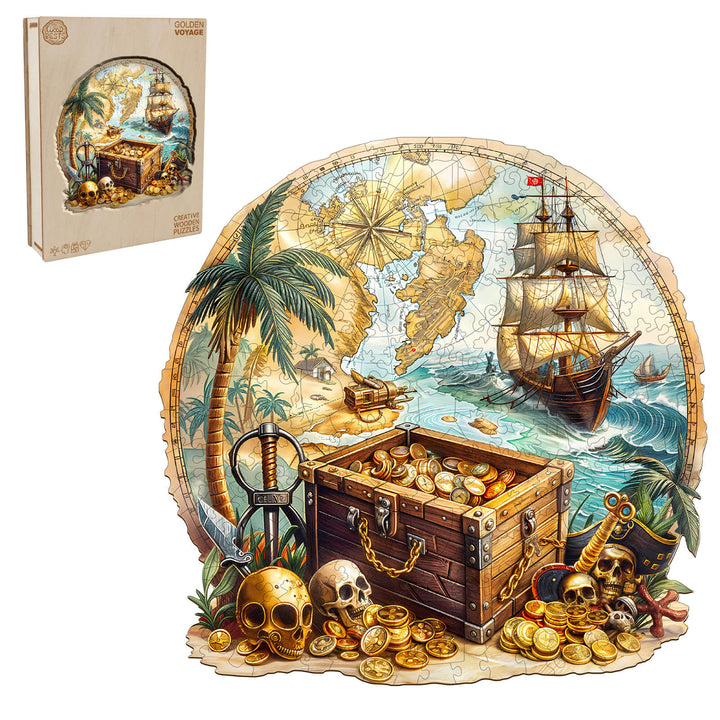 Golden Voyage Wooden Jigsaw Puzzle featuring a pirate ship, treasure chest, and map design for puzzle enthusiasts.