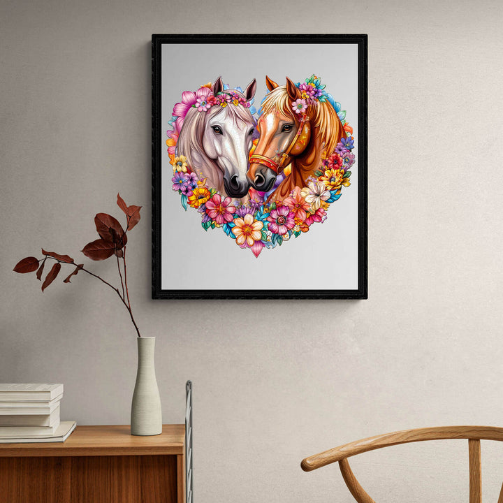 Colorful art of two horses framed in a heart, surrounded by flowers, showcasing love and beauty in nature.