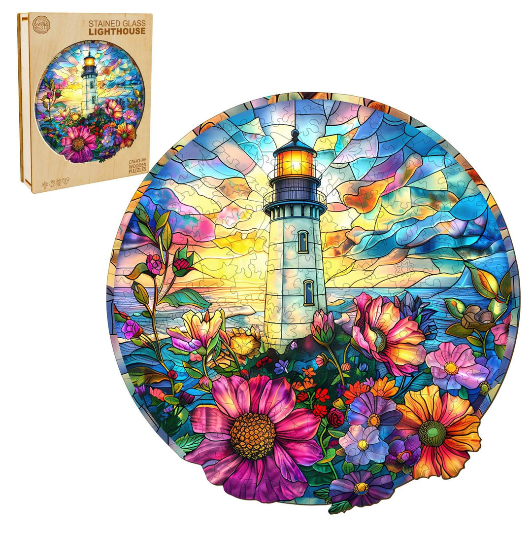 Stained Glass Lighthouse wooden jigsaw puzzle featuring vibrant colors and flowers, designed for puzzle enthusiasts.