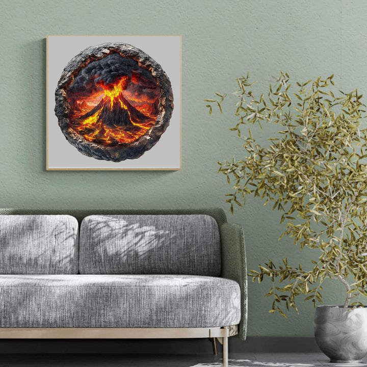 3D Volcanic Eruption puzzle art displayed above a modern gray couch in a stylish room with a plant.
