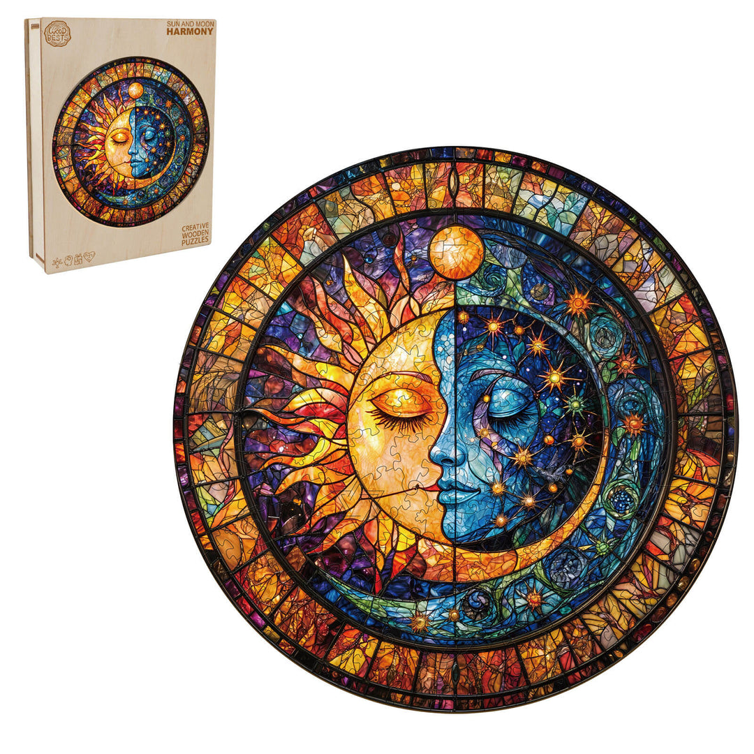 Sun and Moon Harmony wooden jigsaw puzzle featuring vibrant stained glass design, ideal for enhancing focus and puzzle-solving skills.