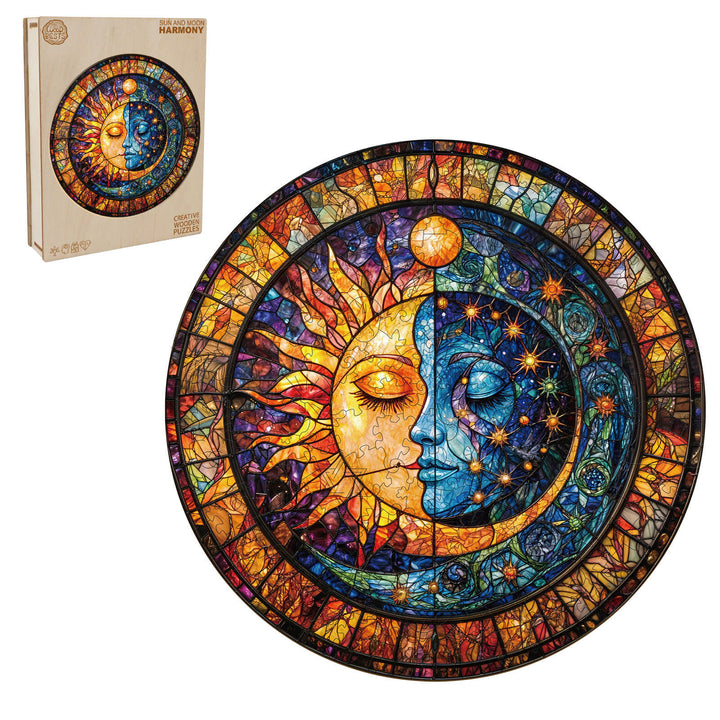 Sun and Moon Harmony wooden jigsaw puzzle featuring vibrant stained glass design, ideal for enhancing focus and puzzle-solving skills.