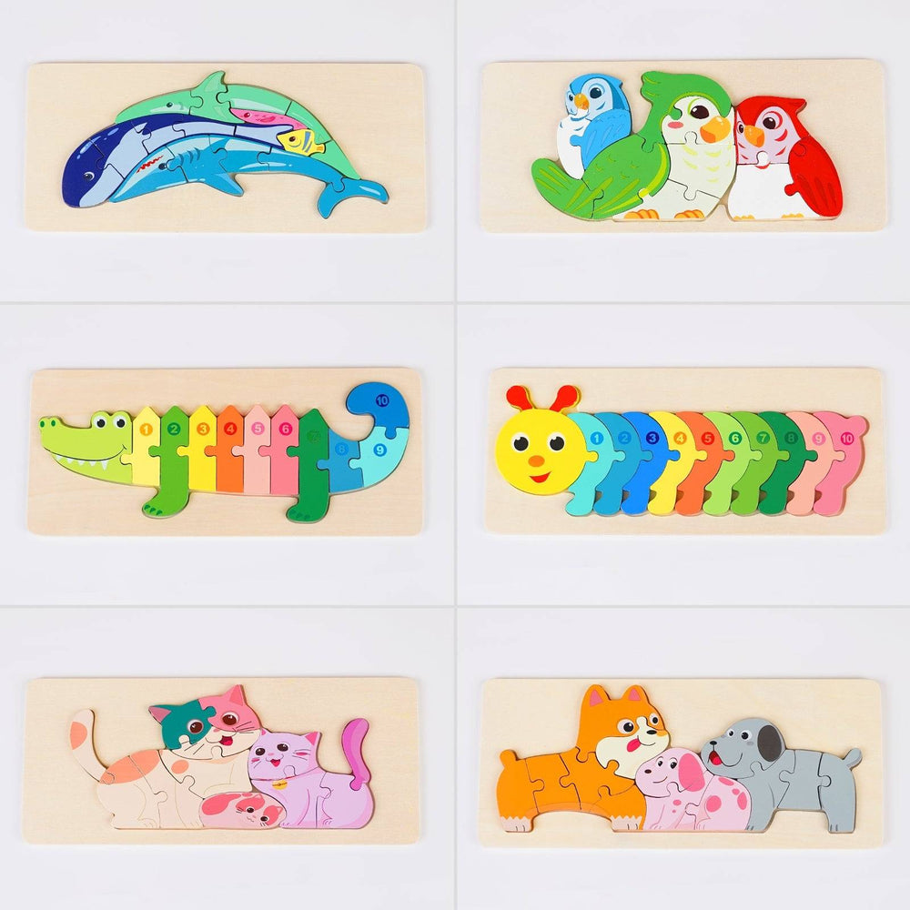 Colorful wooden animal puzzles for toddlers featuring fish, birds, crocodiles, caterpillars, and playful puppies.