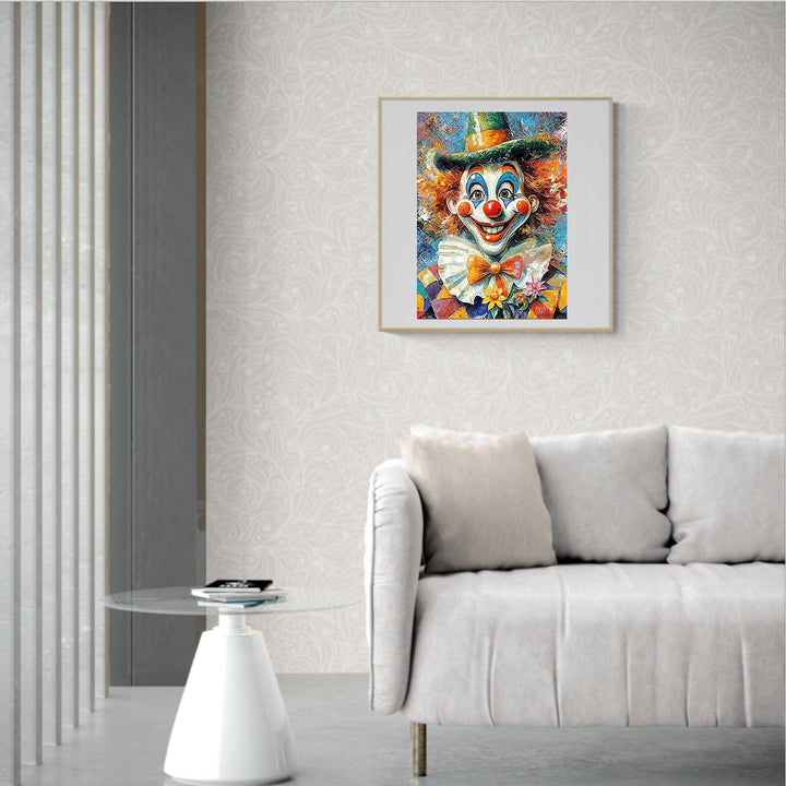 Vibrant oil painting of a clown displayed in a modern living room, enhancing the decor with playful art.