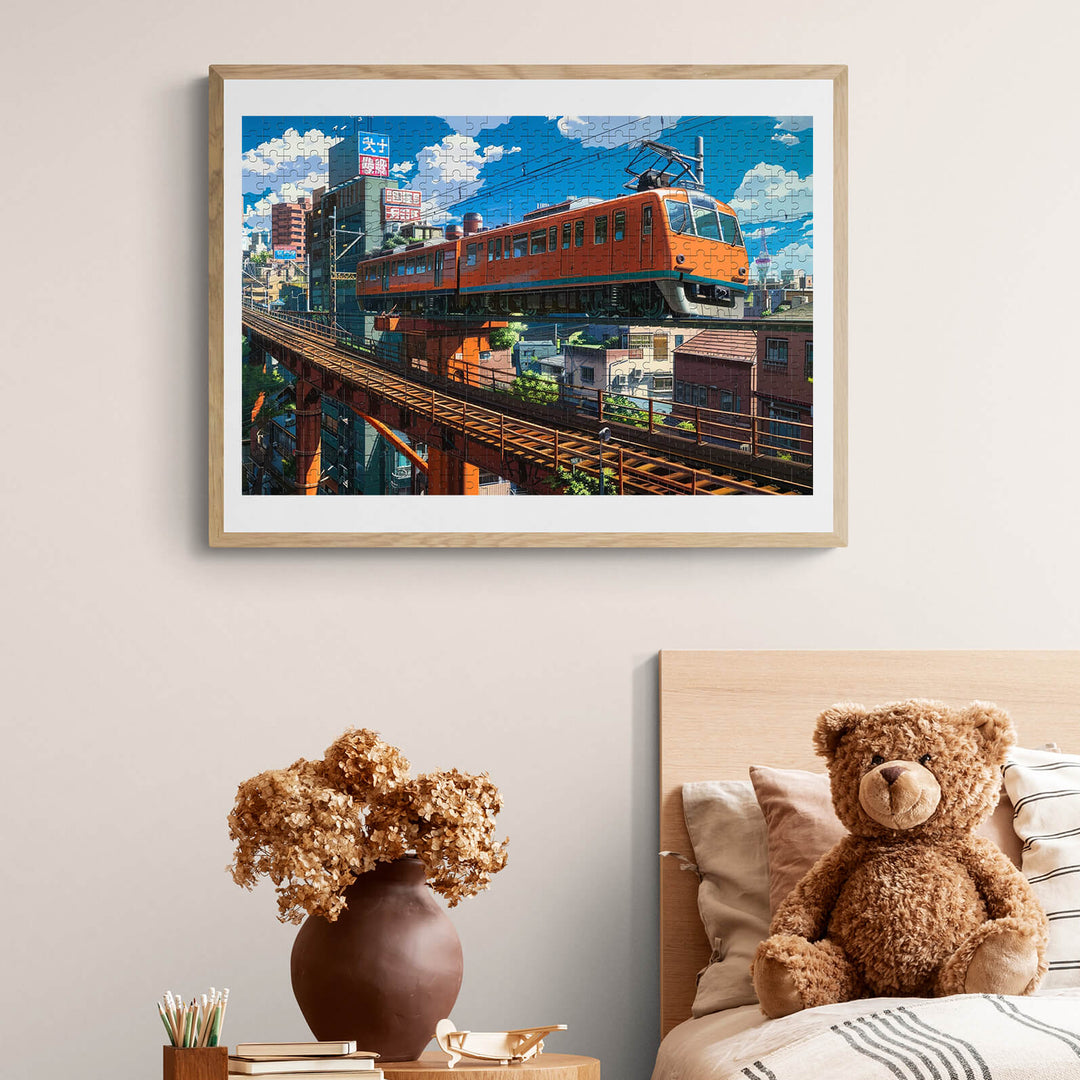 City Train 500/1000 piece puzzle showcased in a cozy living room with a teddy bear and decorative vase.