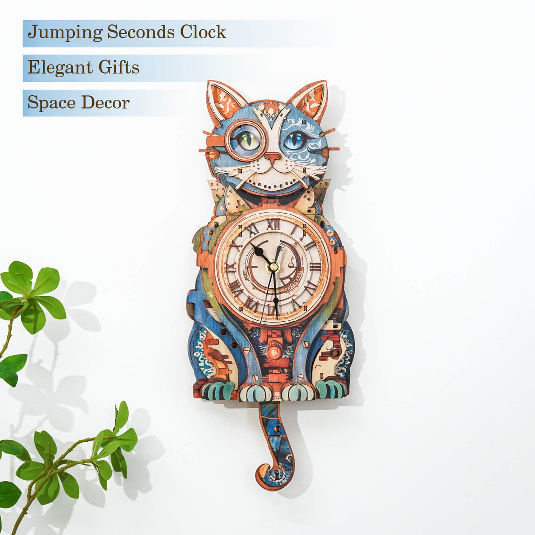 Colorful cat-shaped wooden clock against white wall, ideal as a unique gift and stylish space decor.