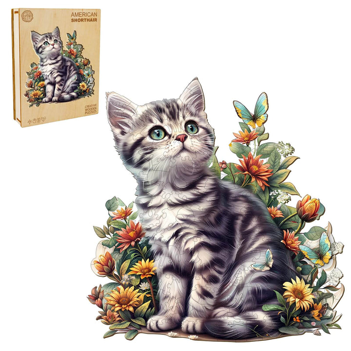 American Shorthair wooden jigsaw puzzle featuring a charming cat design surrounded by colorful flowers.