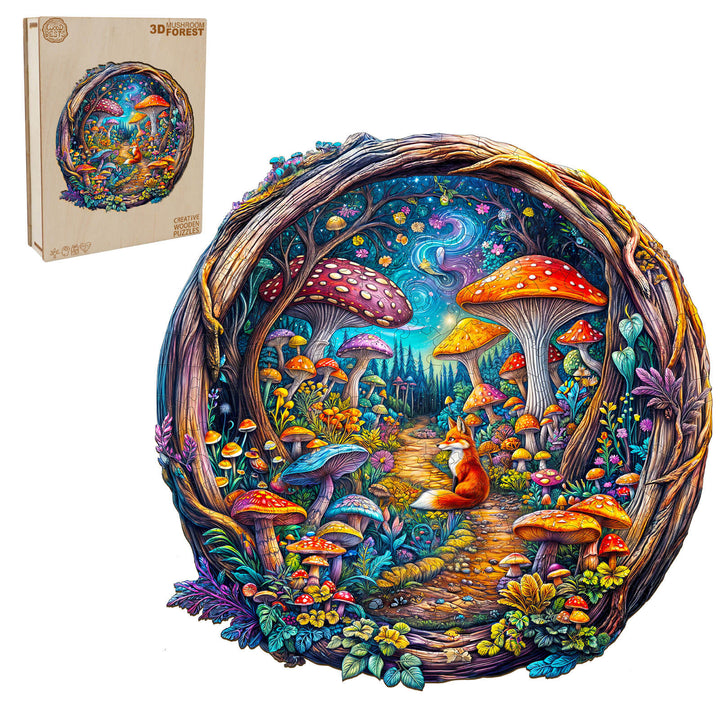 3D Mushroom Forest wooden jigsaw puzzle featuring colorful mushrooms and a playful fox in a whimsical forest setting.