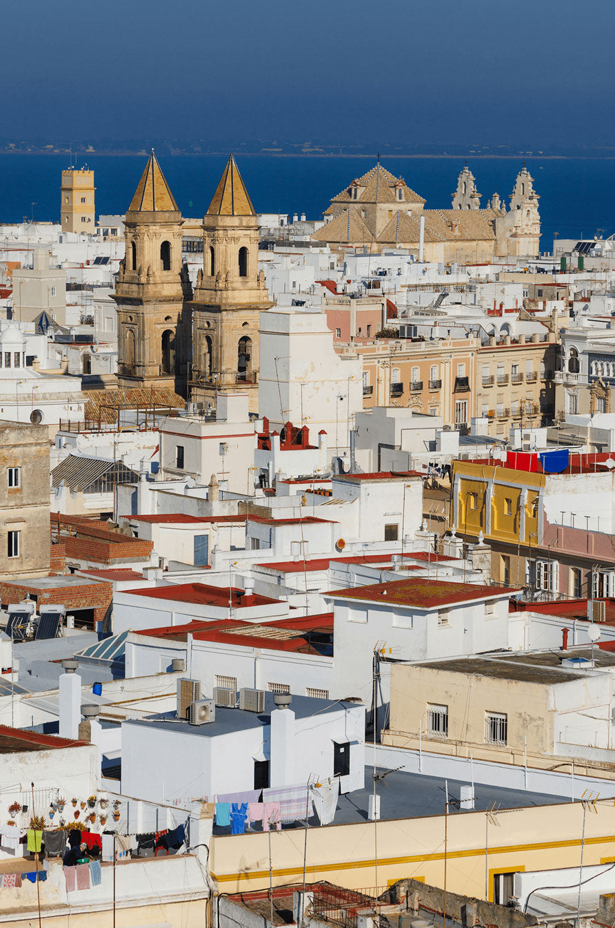 Stunning view of Exotic Town with rooftops and historical buildings under blue sky.