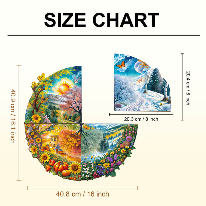 Size chart for the Party Puzzle Four Seasons displaying dimensions of the jigsaw pieces and overall puzzle.