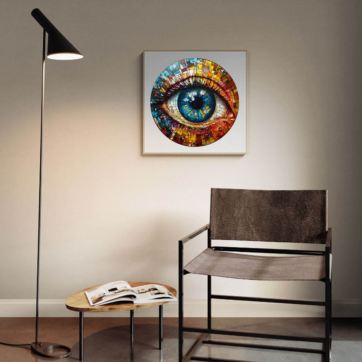 3D stained glass eye artwork displayed in a modern living room with chair and lamp, enhancing home decor.