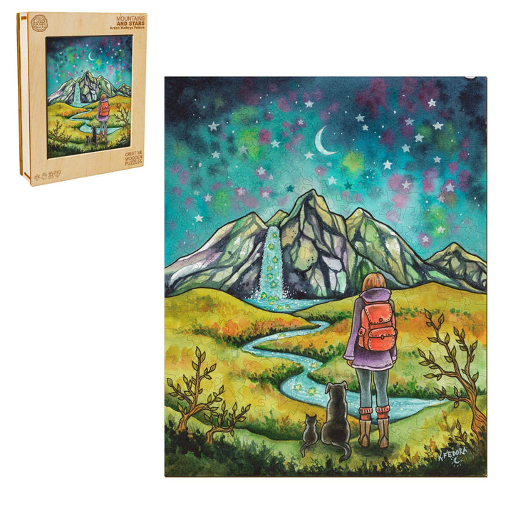 Mountains and Stars artwork by Kathryn Fedora, featuring a hiker and pets under a starry sky and mountains.