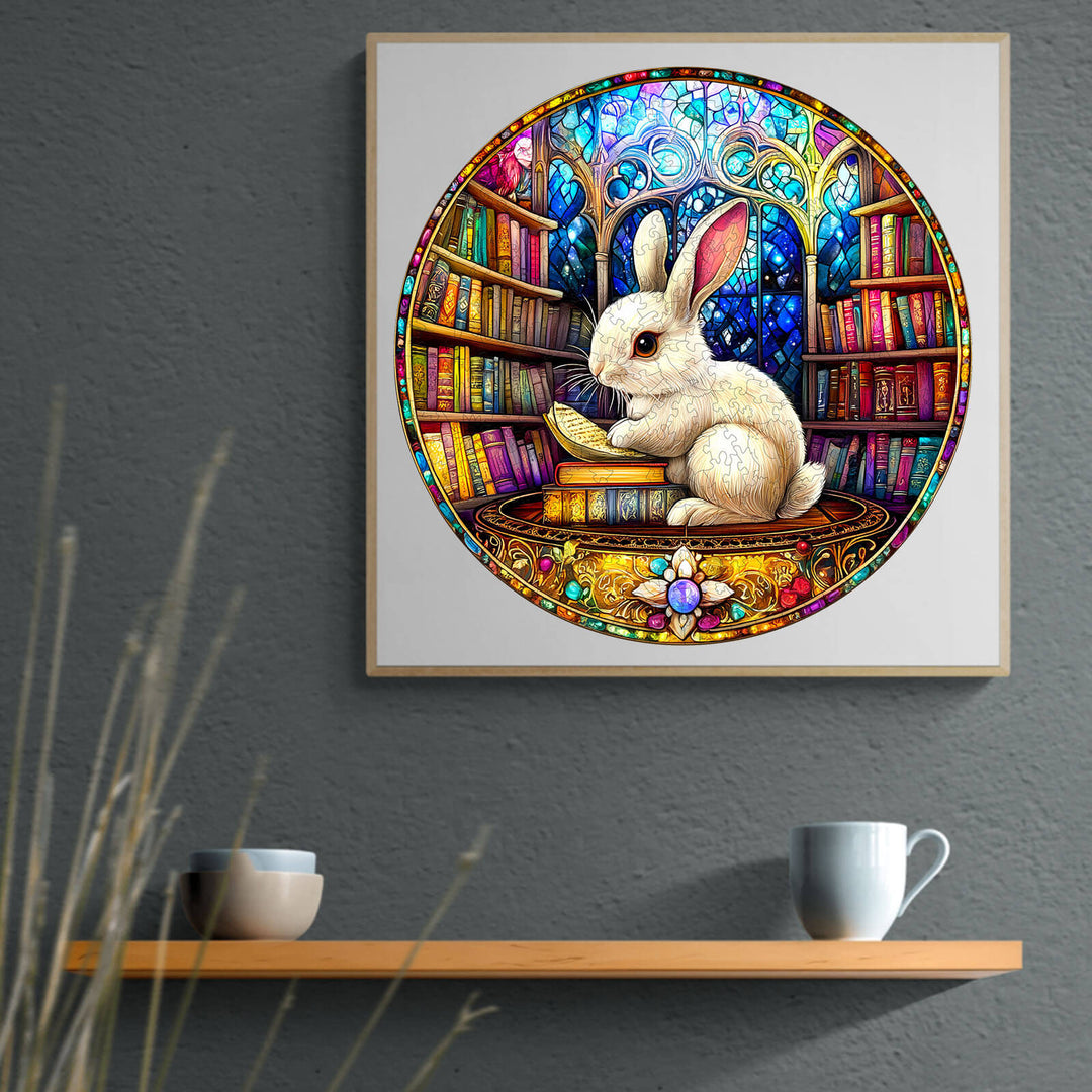 Colorful Library Rabbit jigsaw puzzle illustration featuring a rabbit among books, promoting focus and cognitive skills.
