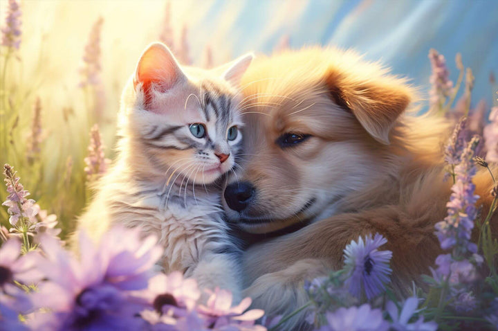 A sweet scene of a fluffy dog and a kitten snuggling among blooming flowers, showcasing friendship and affection.