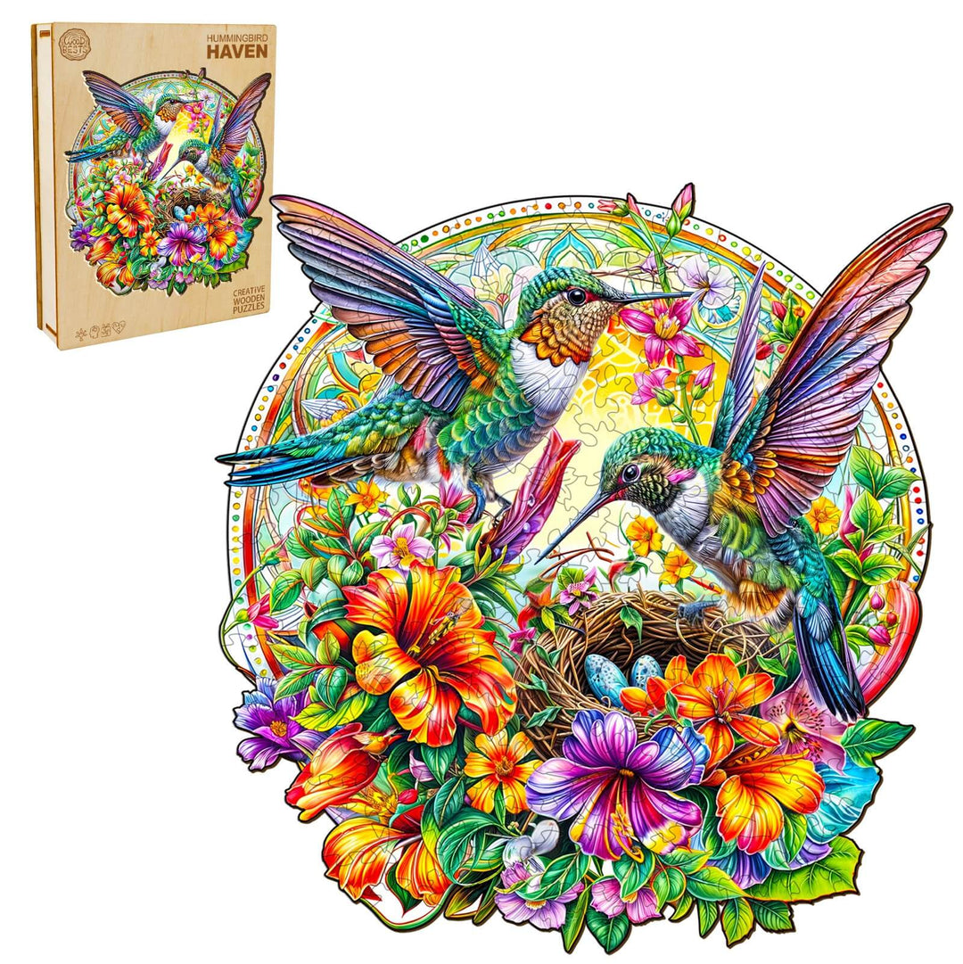 Hummingbird Haven wooden jigsaw puzzle featuring vibrant colors, flowers, and hummingbirds for focused brain training.