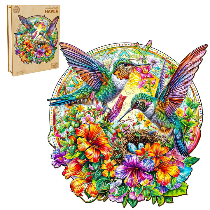 Hummingbird Haven wooden jigsaw puzzle featuring vibrant colors, flowers, and hummingbirds for focused brain training.