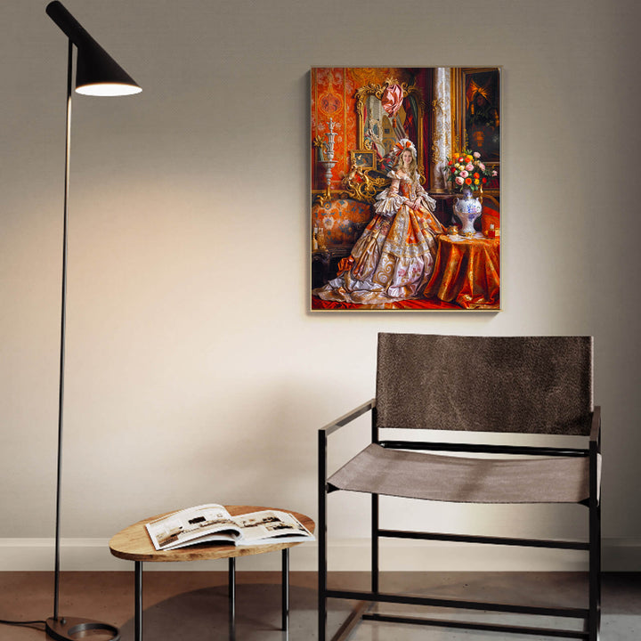 Elegant room featuring Palace Portrait art with a stylish chair and lamp, showcasing unique fashion-inspired decor.