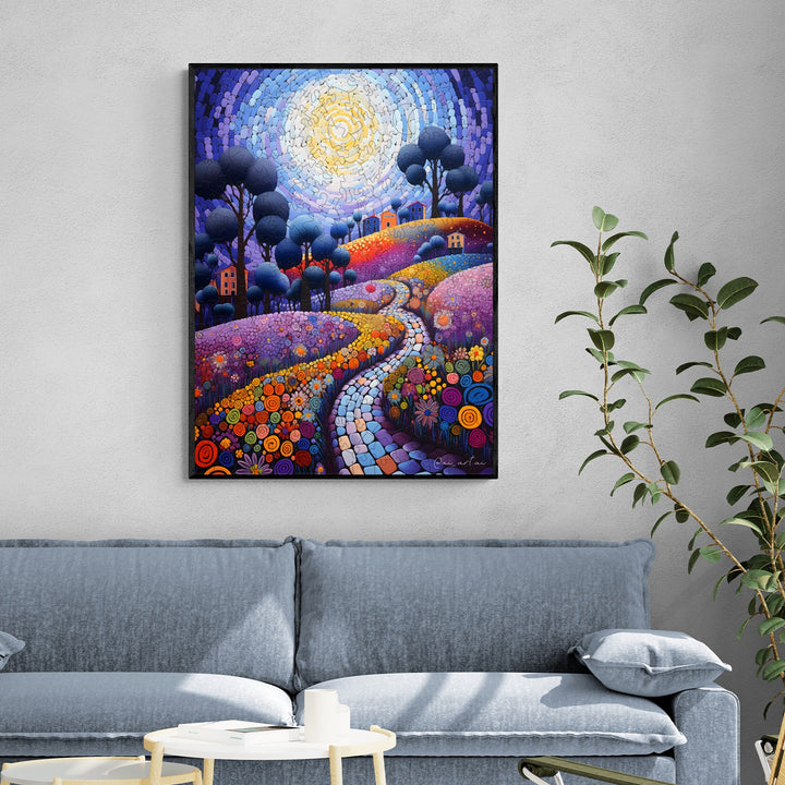 Colorful landscape artwork 'The Marvelous Journey' by Pietro Gallo, displayed in a living room setting.