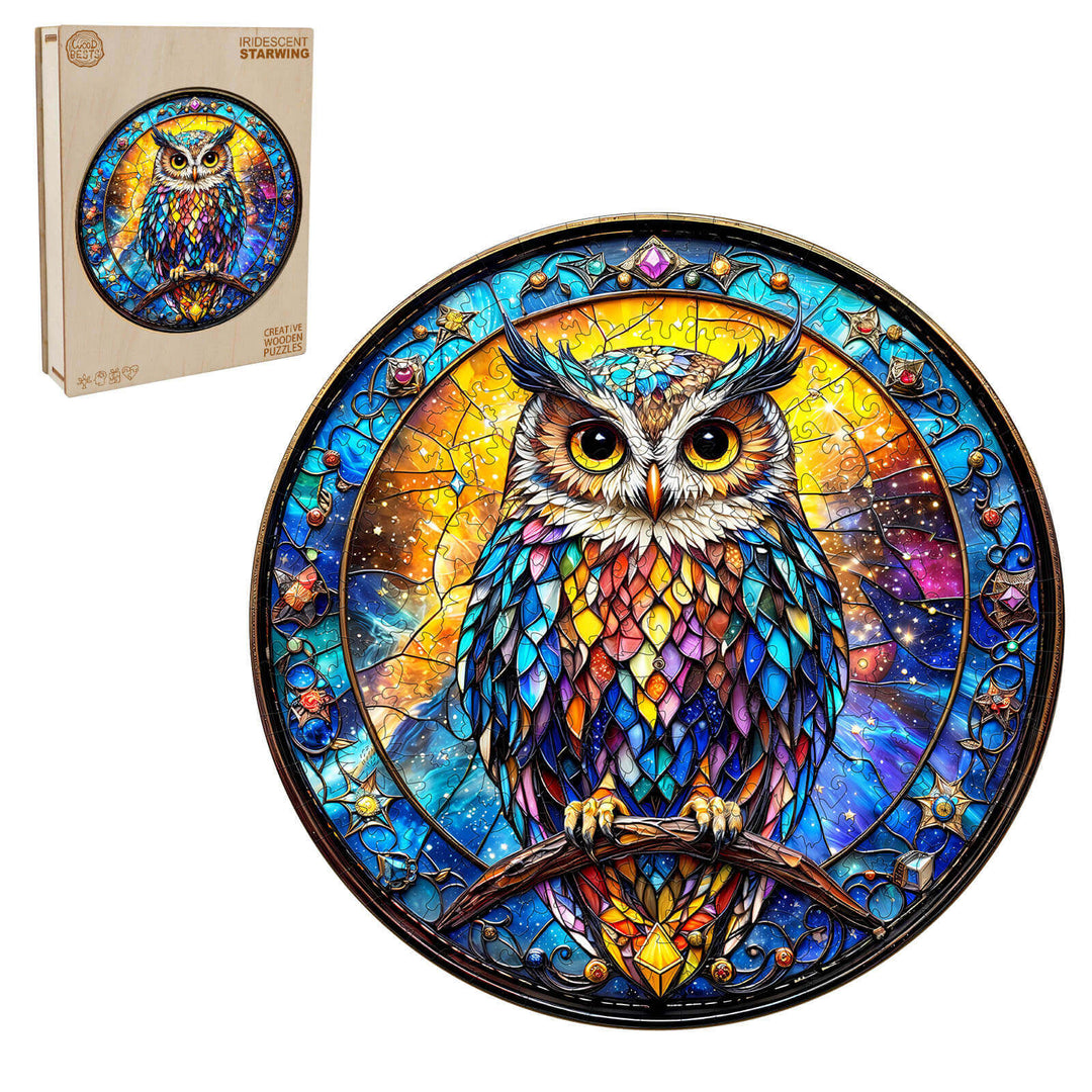 Iridescent Starwing wooden jigsaw puzzle with colorful owl design, enhancing focus and cognitive skills.