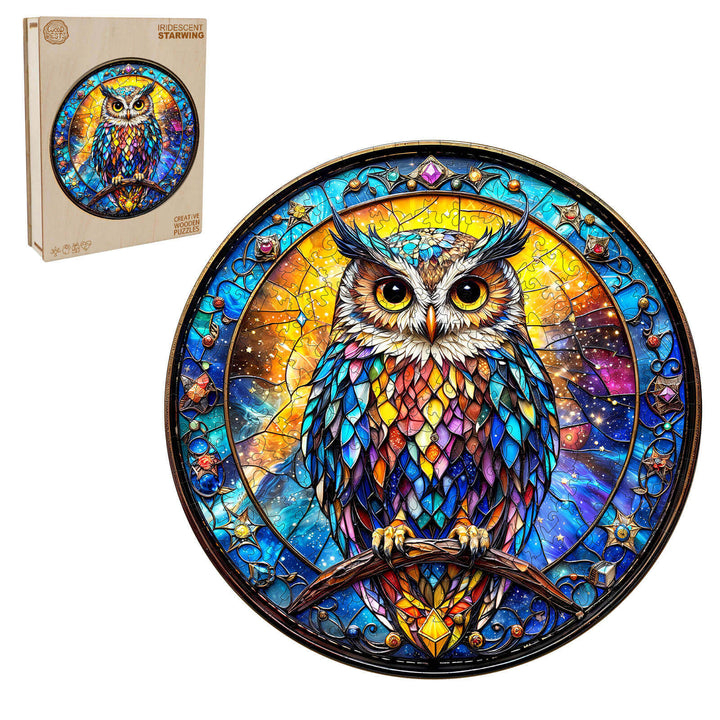 Iridescent Starwing wooden jigsaw puzzle with colorful owl design, enhancing focus and cognitive skills.