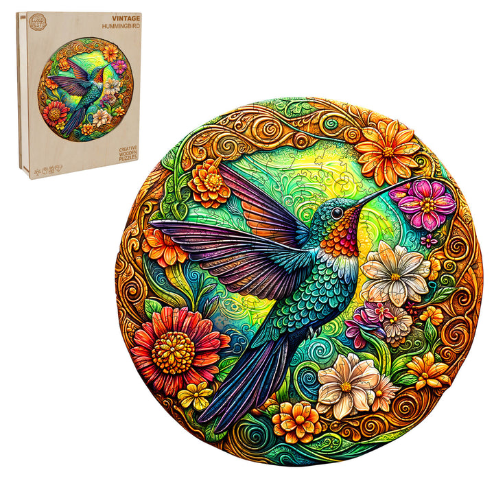 Vintage Hummingbird wooden jigsaw puzzle featuring colorful floral design, perfect for enhancing focus and cognitive skills.