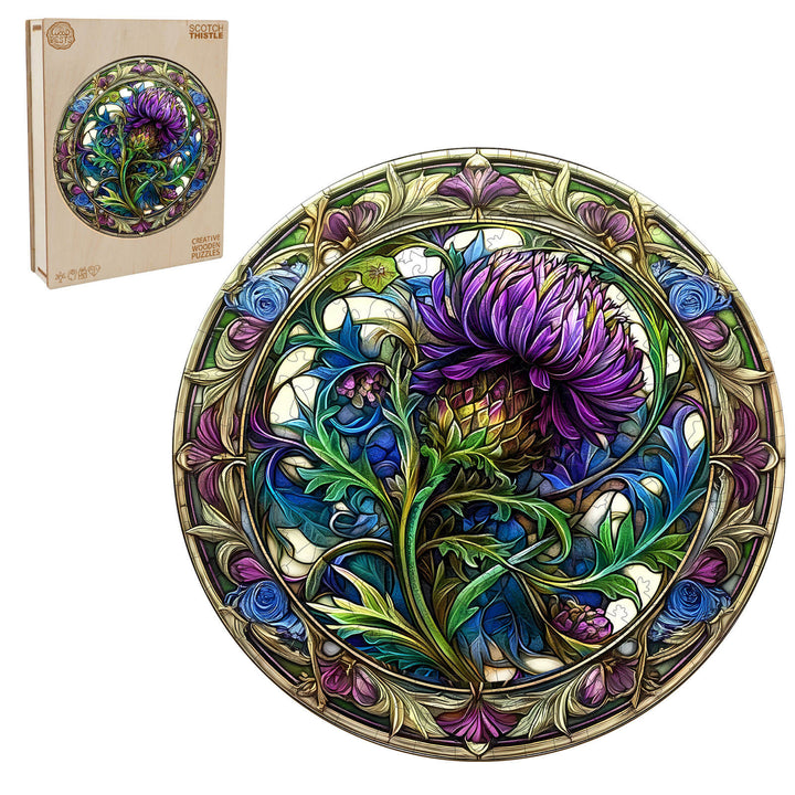 Scotch Thistle Wooden Jigsaw Puzzle featuring vibrant floral design, perfect for puzzle enthusiasts and mind games.