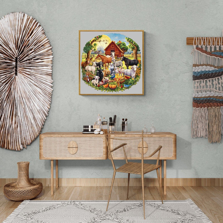Colorful Fun Farm Wooden Jigsaw Puzzle art displayed in a cozy modern room, featuring various animals and a barn.