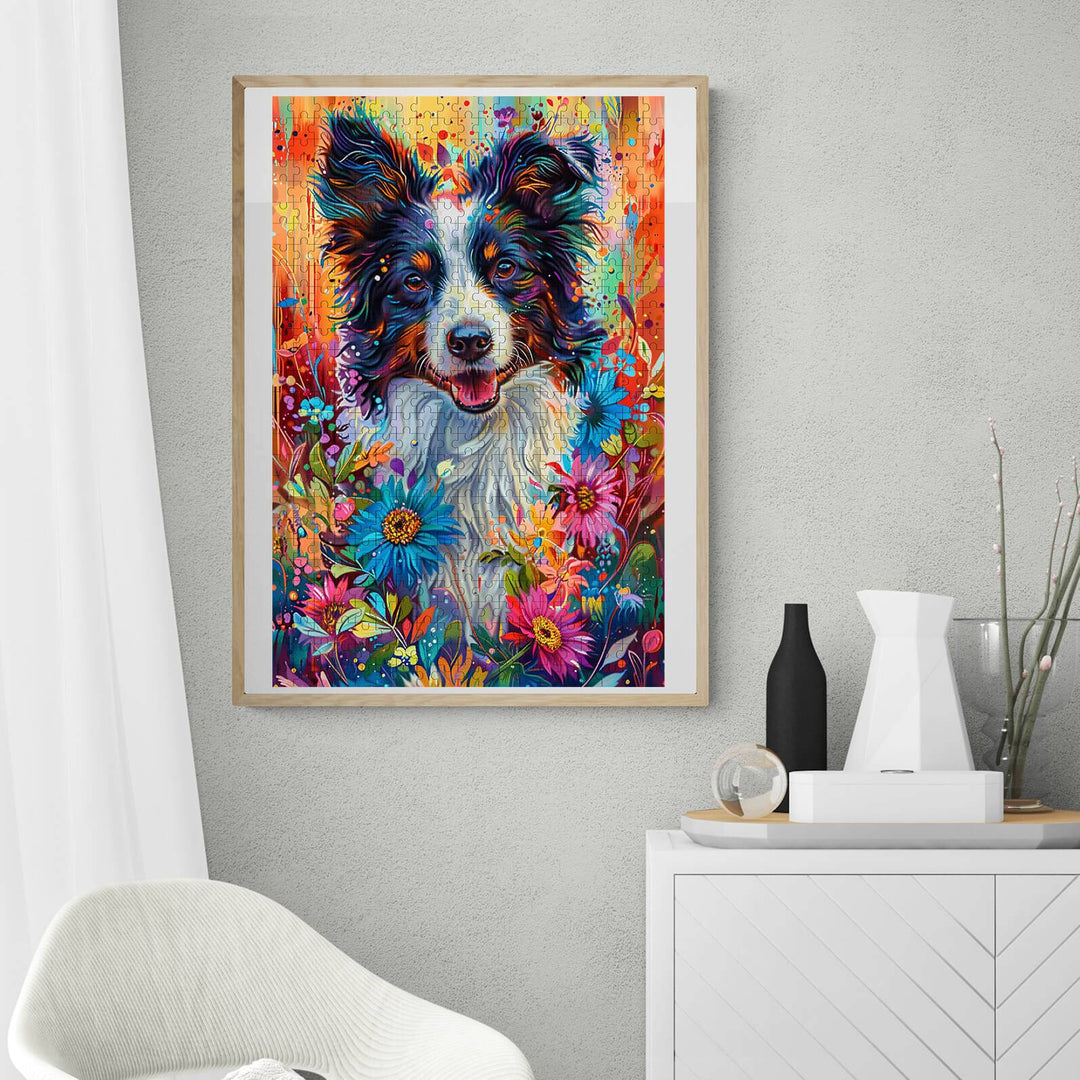 Vibrant shepherd dog artwork surrounded by colorful flowers, perfect for home decor and puzzle enthusiasts.