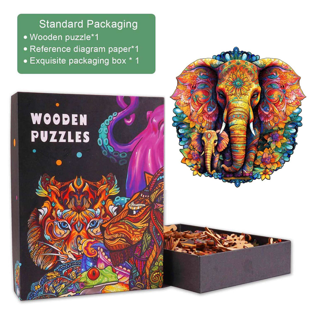 Mandala Parent-Child Elephant Wooden Jigsaw Puzzle box and pieces, featuring vibrant colors and unique animal shapes.