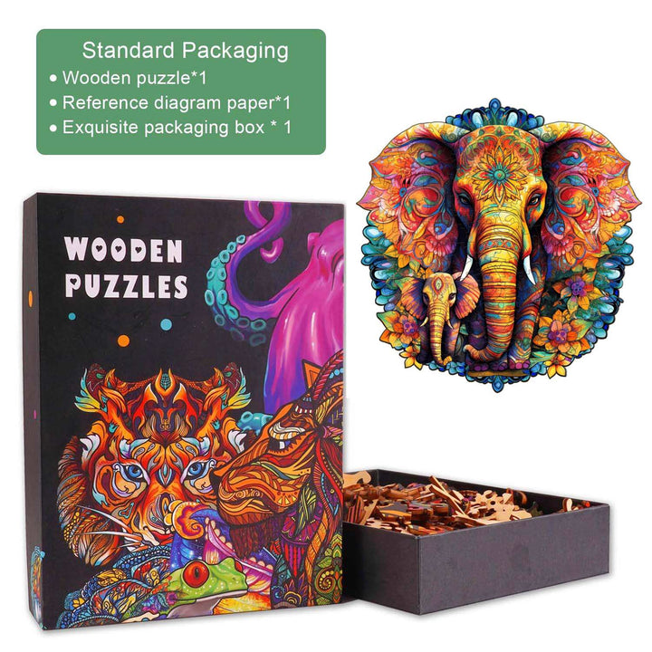 Mandala Parent-Child Elephant Wooden Jigsaw Puzzle box and pieces, featuring vibrant colors and unique animal shapes.