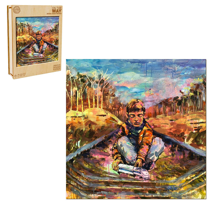 On the Way by Arlet Gomez, colorful art piece depicting a boy on a railway, showcasing artistic inspiration.
